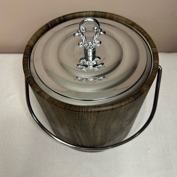Vintage Irvinware Ice Bucket MCM vinyl wood grain - Picture 3 of 7